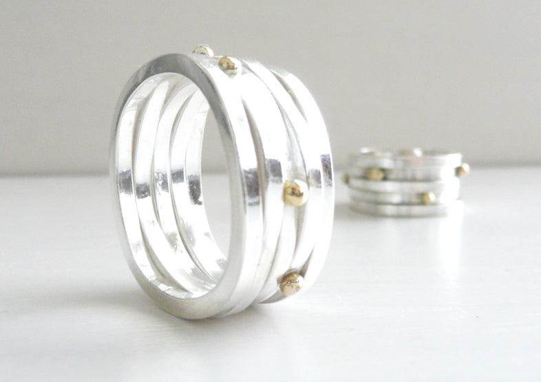 Sterling Silver and 14 K Gold square Postmodern Ring