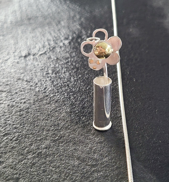 Cute Flower and Vase Necklace, Sterling Silver and 14k Gold