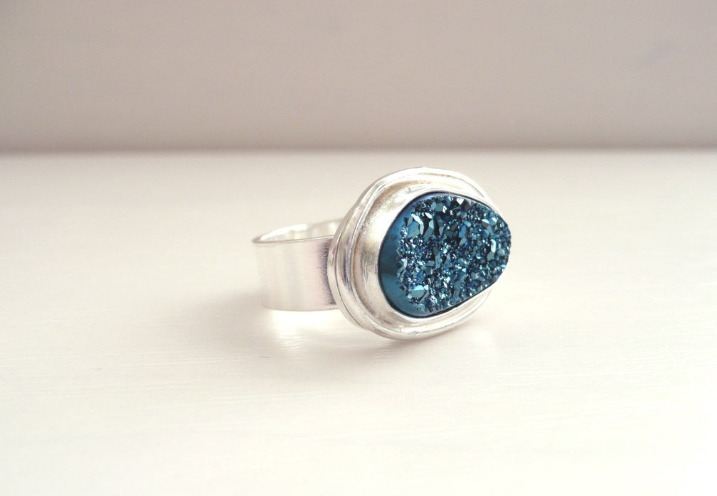 Blue Agate Druzy Sterling Silver Ring