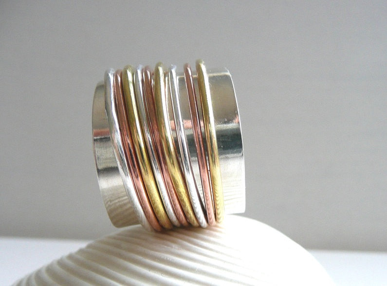 Wide Sterling Silver, Copper and Brass Spinner Ring